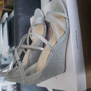 Jessica Simpson Silver Glitter Strappy Wedge Sandals